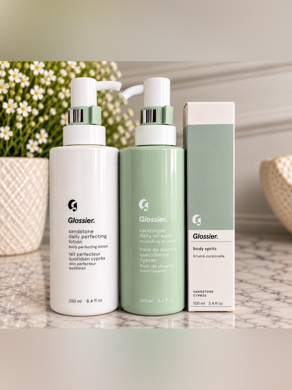 Glossier Sandstone Body Care Set Daily Perfecting Lotion, Oil Wash & Body Spritz